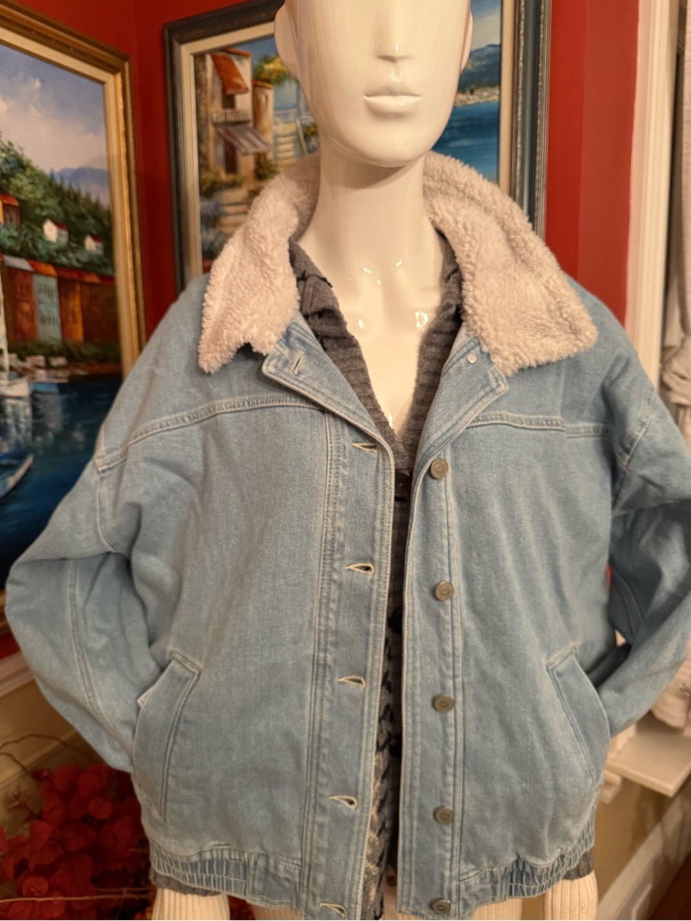 Hollister Light Blue Denim Jacket with Cream Sherpa Collar